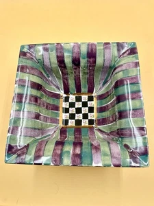 MACKENZIE CHILDS KELP & URCHIN SQUARE BOWL GREEN PURPLE STRIPE ROSE FLOWERS-MINT - Picture 1 of 8