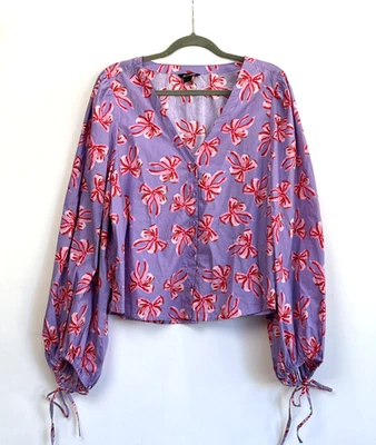 MONKI V 领衬衫气球袖薰衣草紫色粉红色蝴蝶结印花大号 — 第 1/4 张图片