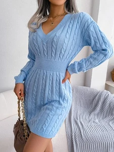 Solid Color V-Neck Long Sleeve Knit Dress Ins Fashion Slim Waisted Hip Dress Wom - Picture 1 of 7