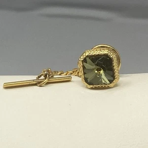Rhinestone Stud Tie Tack Solitaire Green Olive Glass Stone Rivoli Cut Gold Tone - Picture 1 of 6