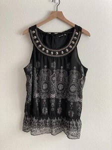 APT. 9 Women's Dressy Sleeveless Blouse Sz XL Blk Floral w/Beads/Studs/Bow tie - Picture 1 of 15