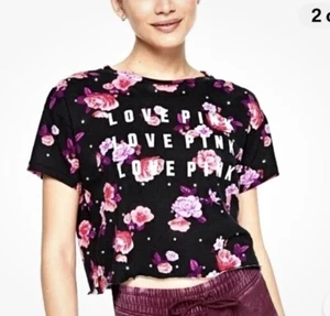 Victoria's Secret PINK bauchfreies Oberteil schwarz pink Blumen Glitzer Logo M neu mit Etikett - Bild 1 von 6