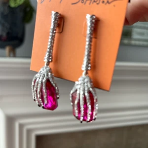 NWT Betsey Johnson Rich Witch Pavé Skeleton Hands Holding Pink Emeralds Earrings - Picture 1 of 4