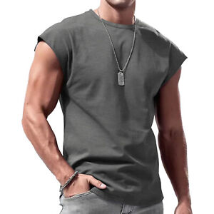Mens Casual Sleeveless Round Neck T-Shirt Solid Color Vest Muscle Tank Tops 