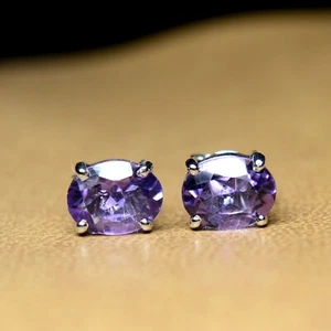 Natural Purple Amethyst Oval Cut Gemstone 925 Sterling Silver Tiny Stud Earrings - Picture 1 of 5