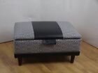 Genuine Black Leather Trim And Fabric Foot Stool