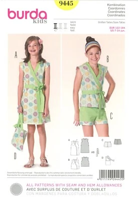 Burda 9445 Wrap Dress, Wrap Top, Fitted Shorts & Purse Sz 7-14 UNCUT Pattern - Image 1 of 4