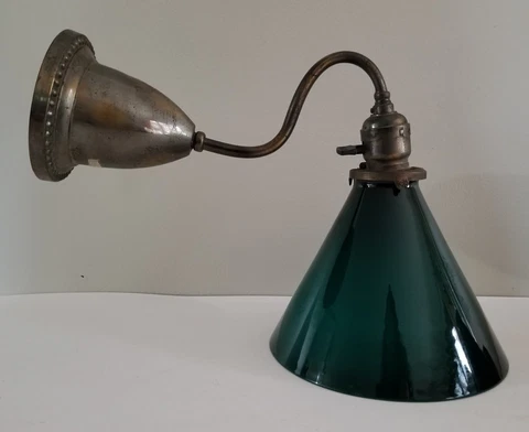 Antique Brass Wall Sconce Light Industrial Green Glass Cone Shade Lamp Vintage Cover