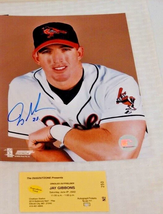 Foto autógrafa firmada por Jay Gibbons Orioles de Baltimore 8x10 con talón de boleto de espectáculo Foto 1 de 1