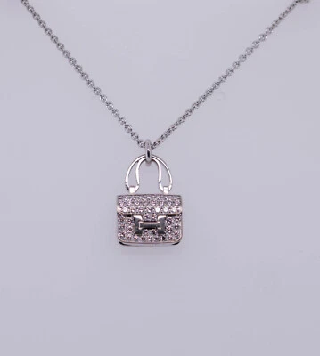 Hermes Logo Amulet Constance Diamond Bag 16" Necklace - 18k White Gold - Image 1 of 4