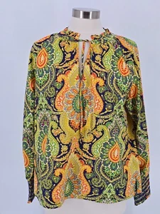 J Crew M Paisley Tunic Navy Green Orange Ruffle Neck Smocked Sleeve Cotton Top - Picture 1 of 6