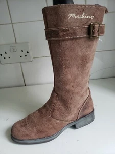 MOSCHINO DESIGNER UK 13 KIDS EU 32 GIRLS BROWN LEATHER SUEDE KNEE HIGH BOOTS - Picture 1 of 12