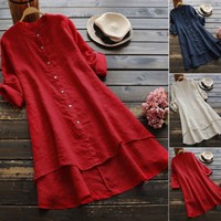 Women Ladies Casual Cotton Linen Button Long Sleeve Long Shirt Blouse Tunic Top