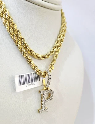 Juego de collar colgante cadena cuerda 10k P diamante inicial dije 4 mm oro 20"-30" Foto 1 de 4