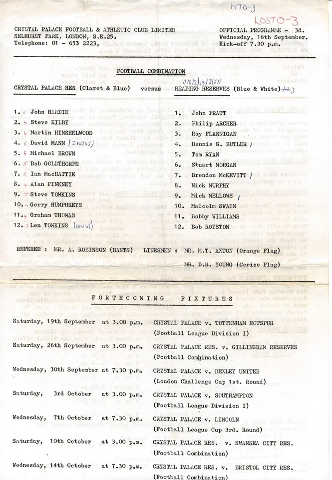 Crystal Palace Reserves v Reading (Combination) 1970/1971 - Image 1 of 1