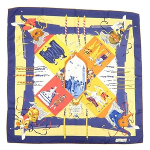 HERMES Carre 90 Silk 100% Scarf LE CARNAVAL DE VENISE Yellow Navy Auth Used F/S - Picture 1 of 14