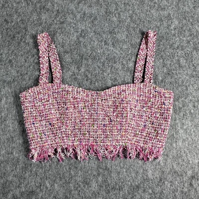 Top corto Milly para mujer 2 tweed flecos bustier sin mangas hecho en EE. UU. Rosa Foto 1 de 4