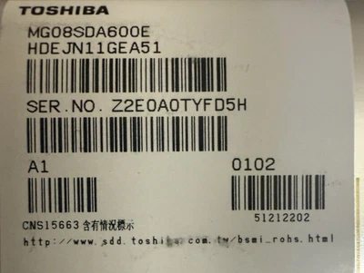Toshiba MG08SDA600E 6TB 3.5" SAS 12Gb/s 7200RPM 256MB 512e NEW - Image 1 of 3