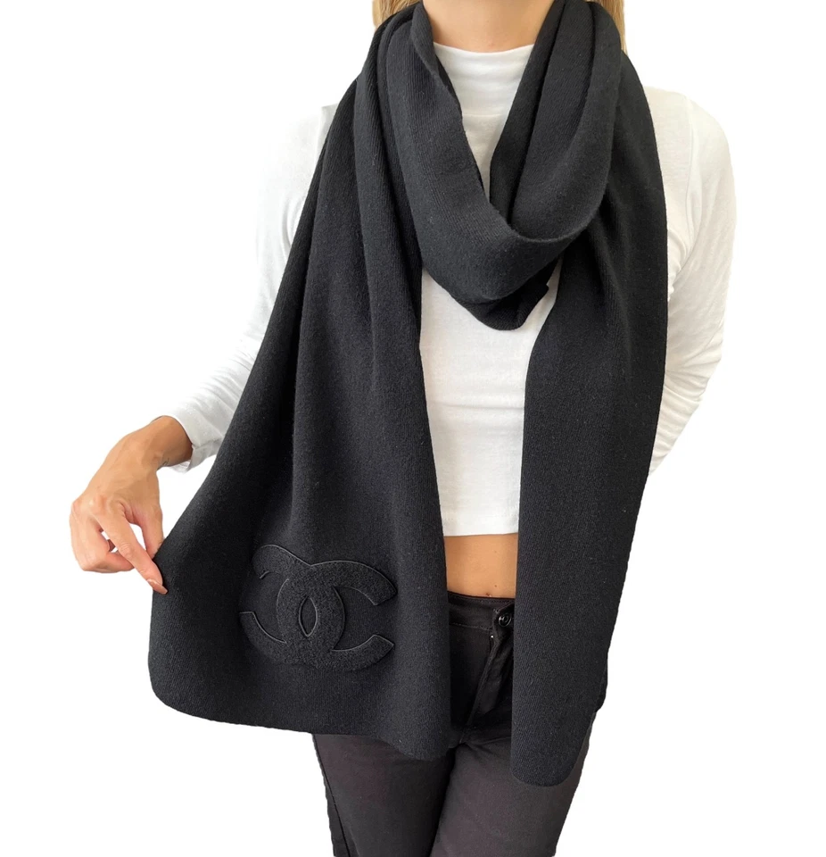 CHANEL Vintage CC Big Logo Silenciador Bufanda Envoltura Accesorio Parche Cachemira Negro Foto 1 de 4