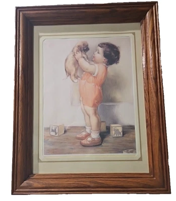 Impresión enmarcada en madera vintage "Mine" de Bessie Pease Gutmann 14"x 18" niño y cachorro Foto 1 de 4