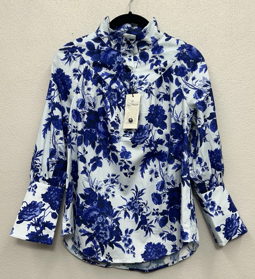 Blusa Tuckernuck Corrigan XS Azul Floral Gola Alta Escritório Carreira Negócios - Imagem 1 de 4