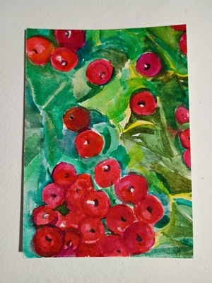 Holly Jolly Leaves, muchas bayas rojas, pintura acuarela original ACEO Foto 1 de 3