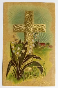 Easter Greeting Cross Postcard Gold Embossed c1910 Flowers Scenic View - Picture 1 of 2