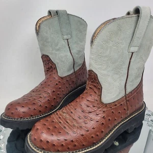 Ariat Fatbaby Ostrich Leather Boots Womens 10 B Embroidered Western Brown Green - Picture 1 of 10