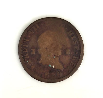 1820 Spain Ferdinand VII 8 Maravedis Copper Coin Ungraded Uncertified - Image 1 of 2