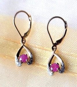 14k Solid Gold 5/8 ct.t.w. Ruby 1/10 ct.t.w. Diamond Wishbone Drop Earrings New - Picture 1 of 10
