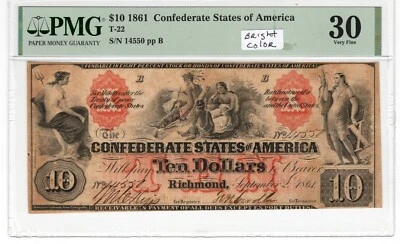 T-22 PF-1 $10 Confederate Paper Money 1861 - PMG Very Fine 30 - bright! - Image 1 of 2