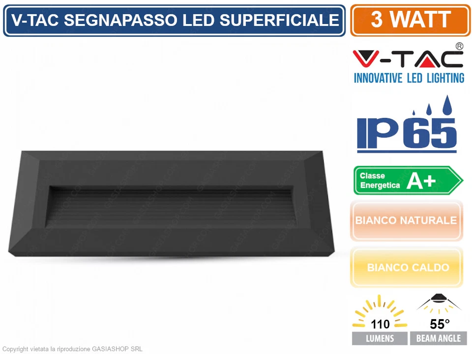 V-TAC VT-1162 FARETTO SEGNAPASSO LED RETTANGOLARE COLORE NERO 3W ESTERNO IP65 - Immagine 1 di 1