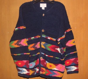 Vintage Cardigan Knit Express Tricot Wool Cozy Sweater Navy Multi Color One Size - Picture 1 of 7