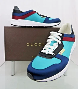 GUCCI 336613 COLORBLOCK BLUE GUCCI LOGO SATIN SNEAKERS TRAINERS 11 US 12 - Picture 1 of 12