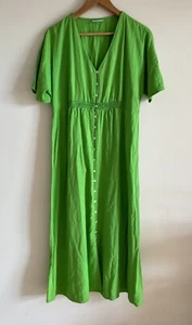 SUSSAN Ladies Green Linen Dress Size 10 Midi Short Puff Sleeve V-neck Button Up - Picture 1 of 12