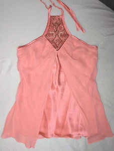 Vintage Express Top Small Pink Coral Ruffle Beaded Blouse Shirt Top 2000s - Picture 1 of 9