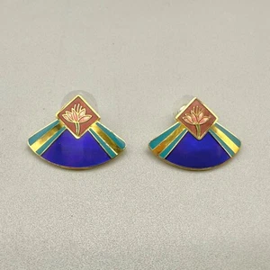 Laurel Burch Earrings Pierced Fan Shaped Water Lilly Flower Studs Retro 1 Inch - Picture 1 of 7