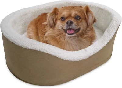 毛绒棕褐色加热宠物床猫和小狗 - 24 英寸豪华毛绒圆形 — 第 1/4 张图片