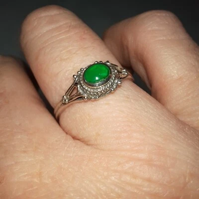 07K14 Jolie Stile Antico Anello IN Argento Massiccio Giada Malachite 925 UK 57 - Immagine 1 di 4