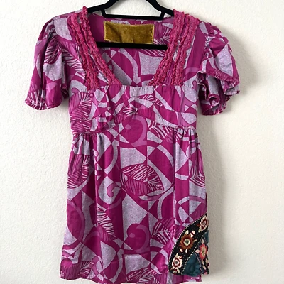 Vestido túnica de seda Custo Barcelona talla 34 bebé muñeca bordado púrpura boho artístico Foto 1 de 4