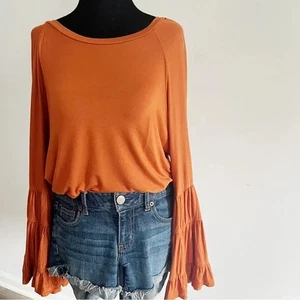 Blusa Boho Acampanada Manga Campana Cuello Redondo en Naranja Quemado Óxido Talla M - Imagen 1 de 8