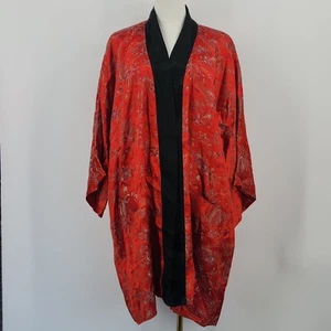 Vintage Oriental Kimono Robe L Red Black Satin Asian Print Lounge Duster Boho - Picture 1 of 9