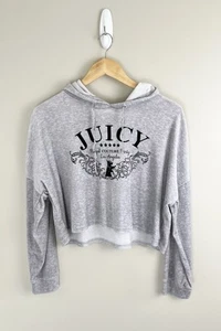 Juicy Couture Velour Cropped Hoodie Women’s/Juniors Sz L Gray Spellout Graphic - Picture 1 of 7