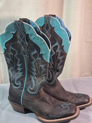 Womens Ariat Brown & Turquoise Caballera Cowboy Boots Square Toed 8B 10007852 - Image 1 of 4
