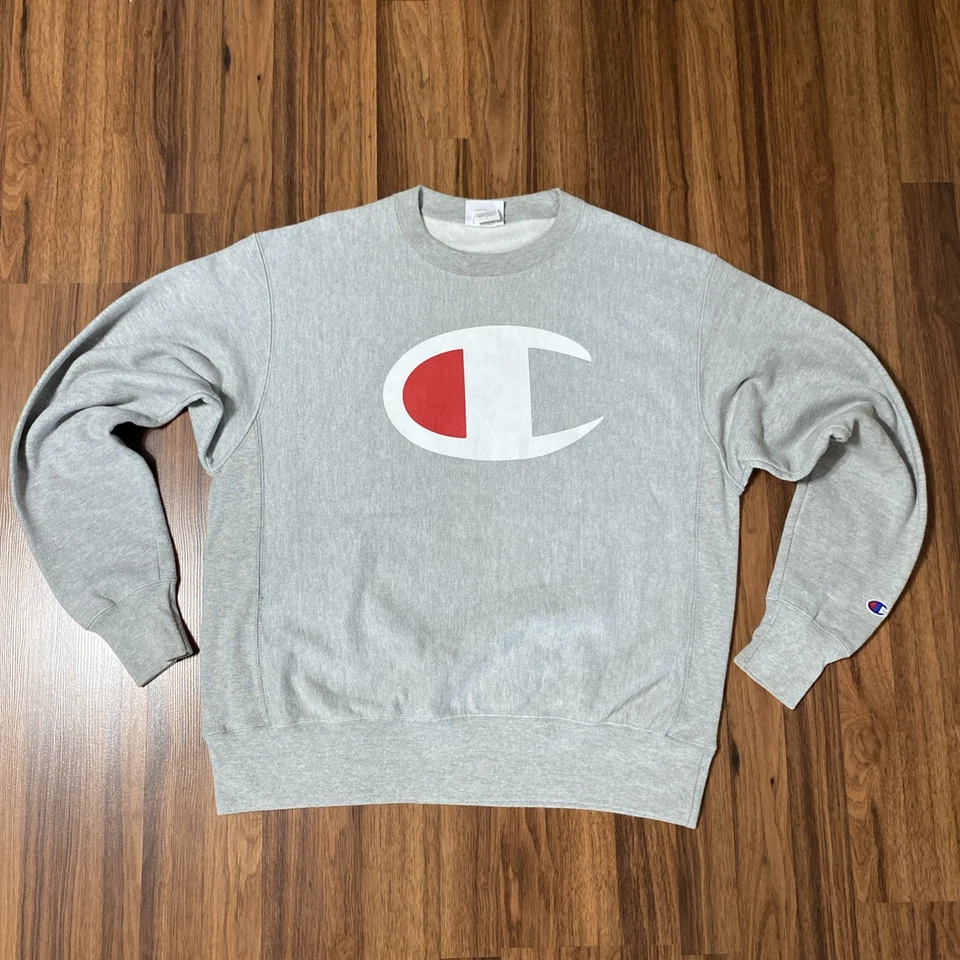 Logotipo de campeón vintage delantero/trasero años 90 tejido inverso gris cuello redondo estampado grande  Foto 1 de 4