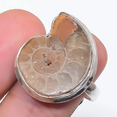 Anel ajustável de pedra preciosa de amonita feito à mão joia exclusiva de presente de Natal FR 1981 - Imagem 1 de 4