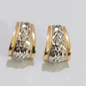 14k Gold Drop Hoop Earrings Faceted Diamond Cut Sparkly Two Tone x 3.6 Grams  - Picture 1 of 7