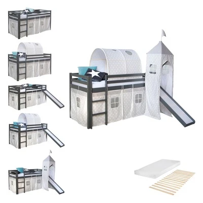 Hochbett 90x200 Kinderbett Rutsche Weiß Grau Holz Massiv Stockbett Homestyle4u - Bild 1 von 4