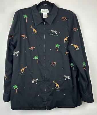 Quacker Factory Jacket Womens L Jungle Denim Embroidered 90s Black Vtg - Image 1 of 4