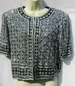Chaqueta de Colección Laurence Kazar Blanco y Negro Seda Cuentas Lentejuelas Forrado Cárdigan - Imagen 1 de 16